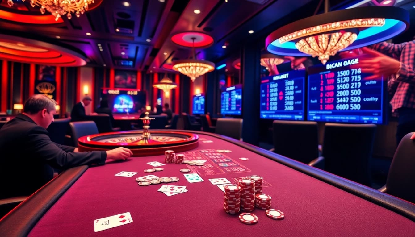 Gambling excitement at https://xx88.us/ with players engaged at the Baccarat table and roulette wheel.