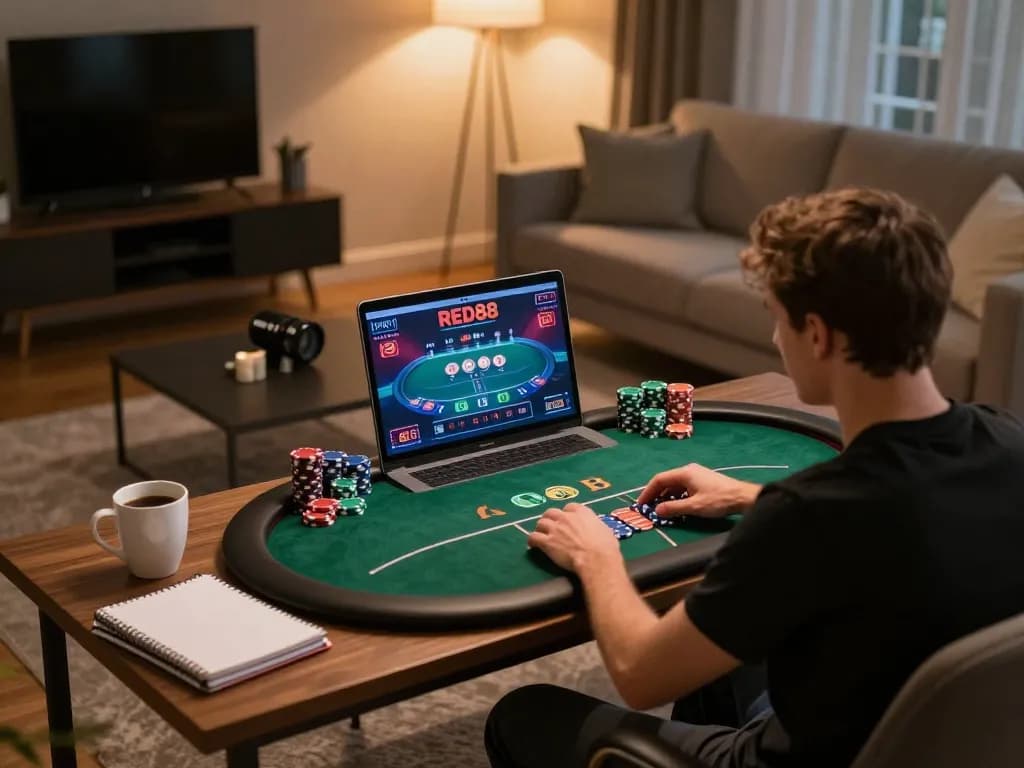 Engaging with RED88 poker on a laptop in a cozy home setting, showcasing strategic gameplay.
