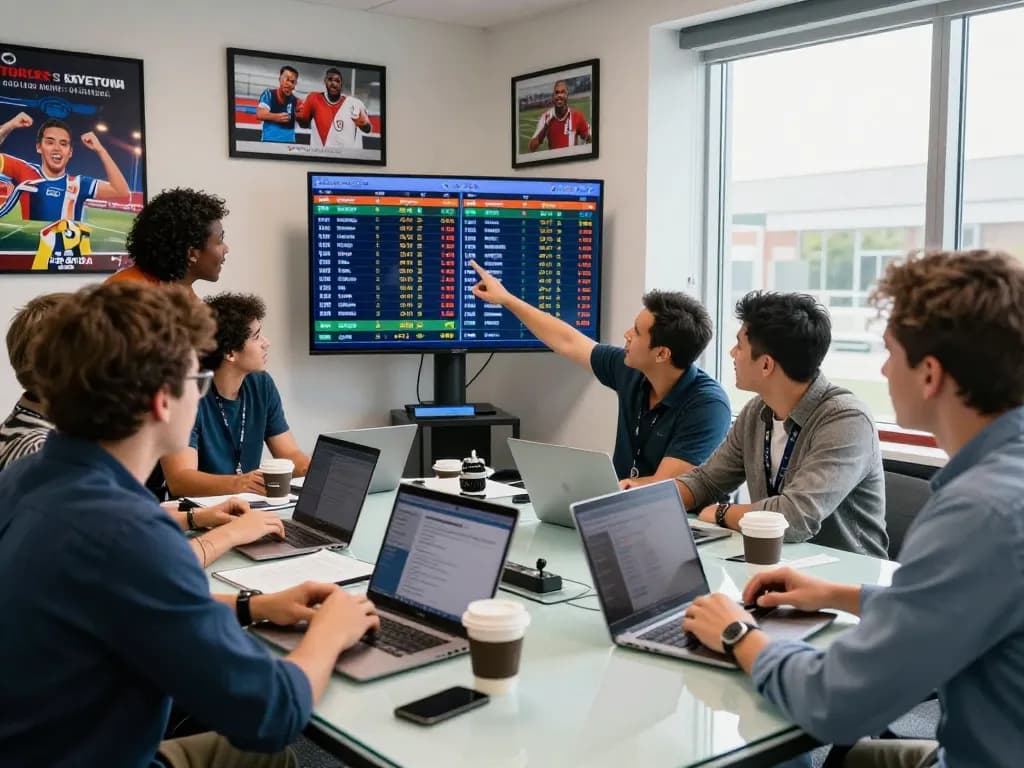 Exciting betting scene highlighting debet strategies with diverse team at sportsbook.