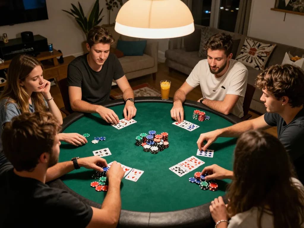 Players enjoying a competitive poker game at home featuring fly88, colorful chips, and strategic gameplay.