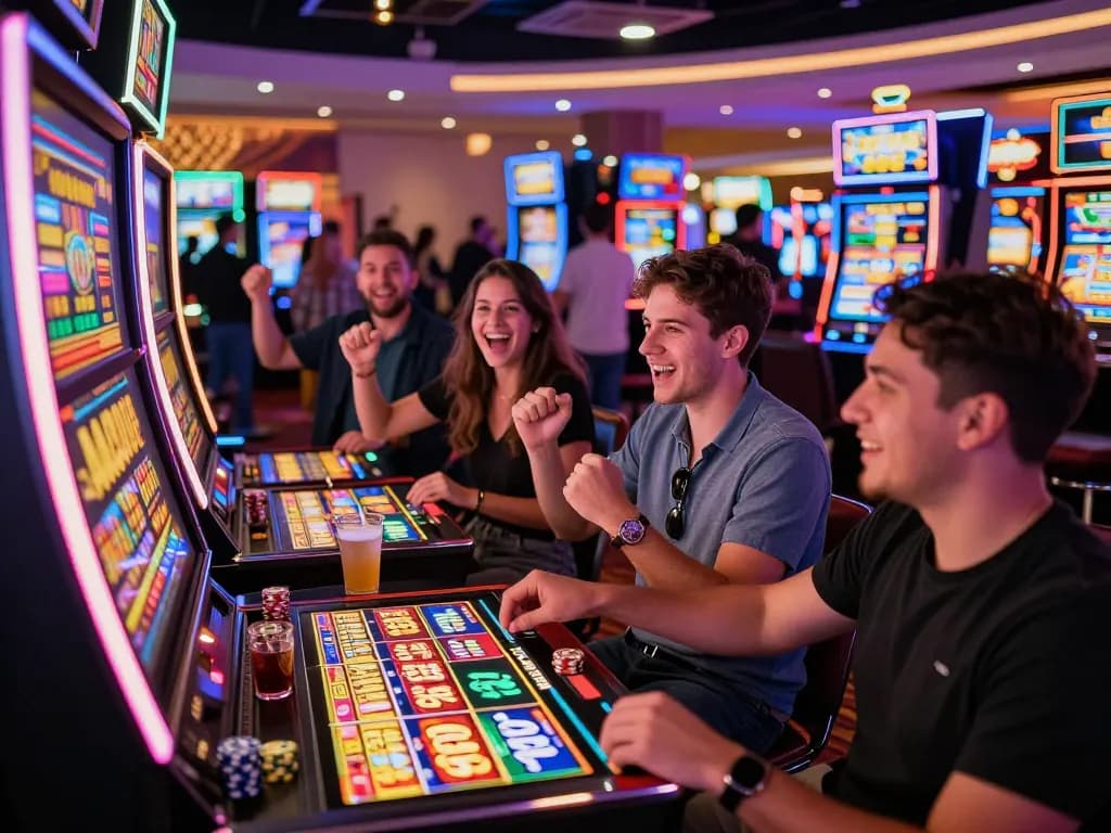 Players celebrating a lucky88 win at a vibrant casino slot machine, showcasing excitement and camaraderie.