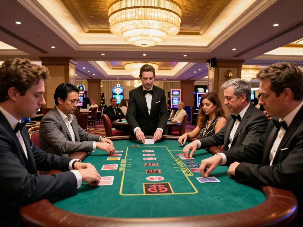 Kuwin players engaging in strategic blackjack at a luxurious casino table, showcasing intense gameplay.