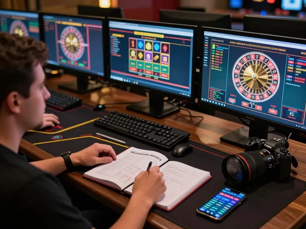 Playing various casino games at home on 33win com with multiple screens and strategic notes.