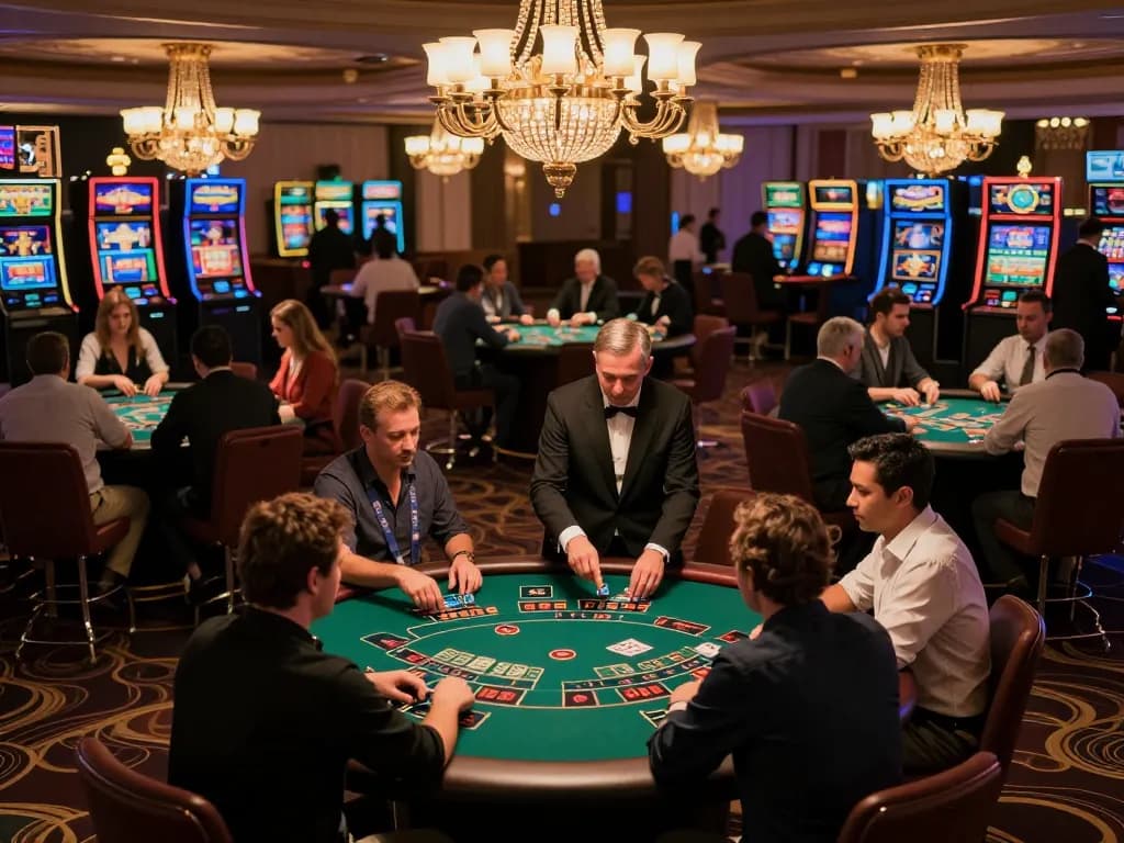 Zbet players engaged at a vibrant casino table, showcasing competitive gameplay and a lively atmosphere.