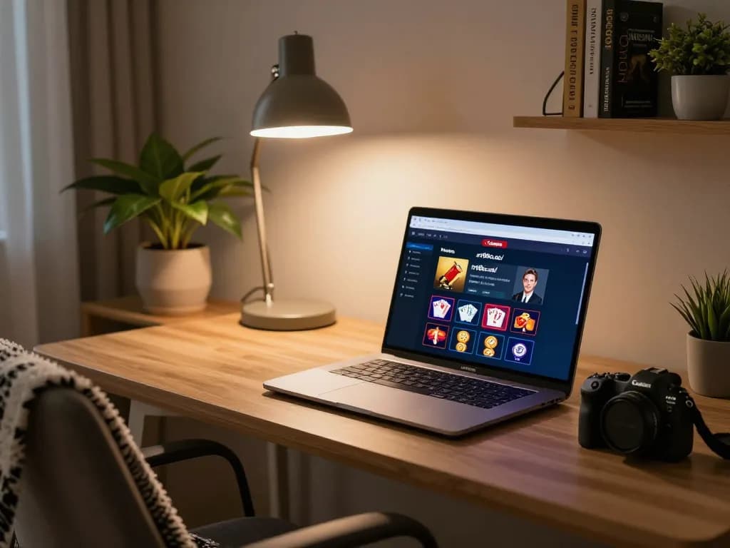Experience thrilling gameplay on https://rr88co.net/ with an engaging online gambling setup featuring a sleek laptop and warm ambient lighting.