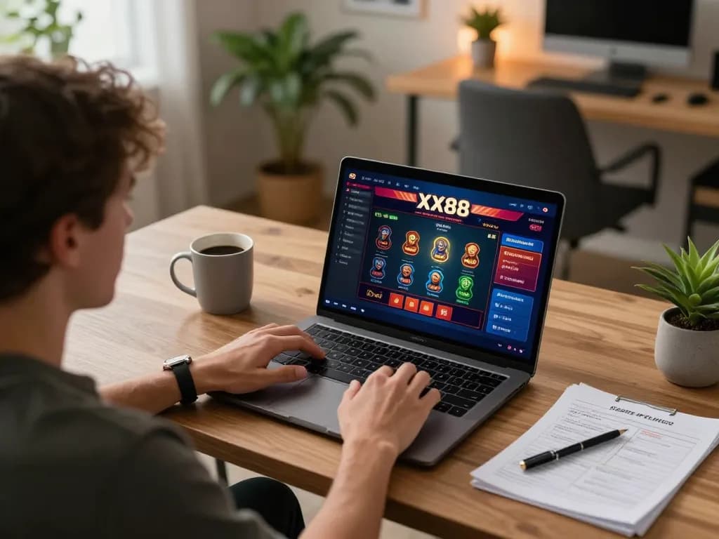 Engaged player exploring the XX88 casino interface at home, focused on strategic betting actions.