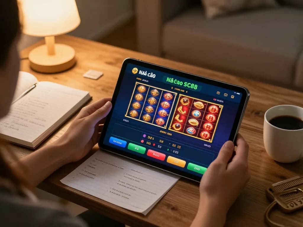 Engaging with Nhà cái SC88's casino app on a tablet in a cozy home setup