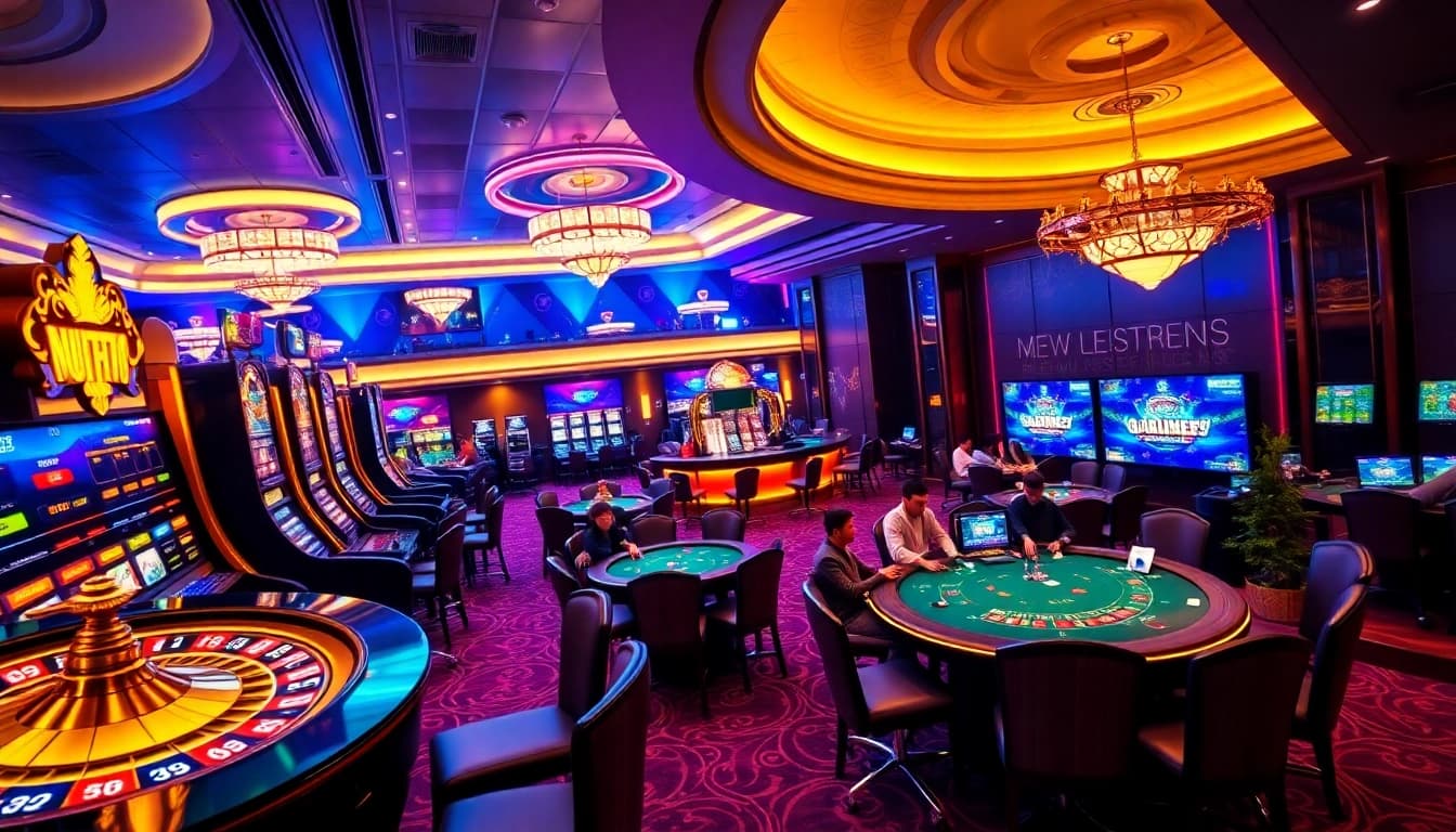 Play exciting games at red88.hot, featuring vibrant slot machines and poker tables.