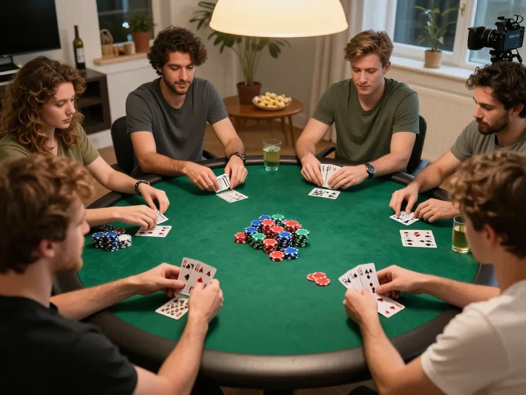 B52club players enjoying an exciting home poker night, showcasing vibrant chips and strategic card play.