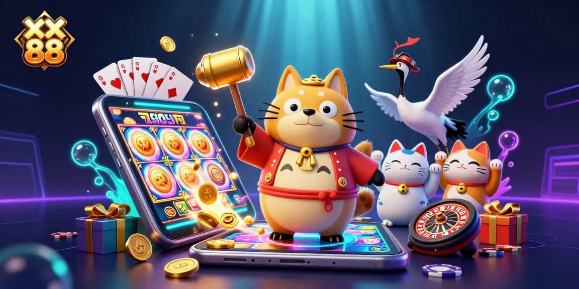 Experience the excitement of xx 88 online casino with spinning reels, golden coins, and cheerful characters.