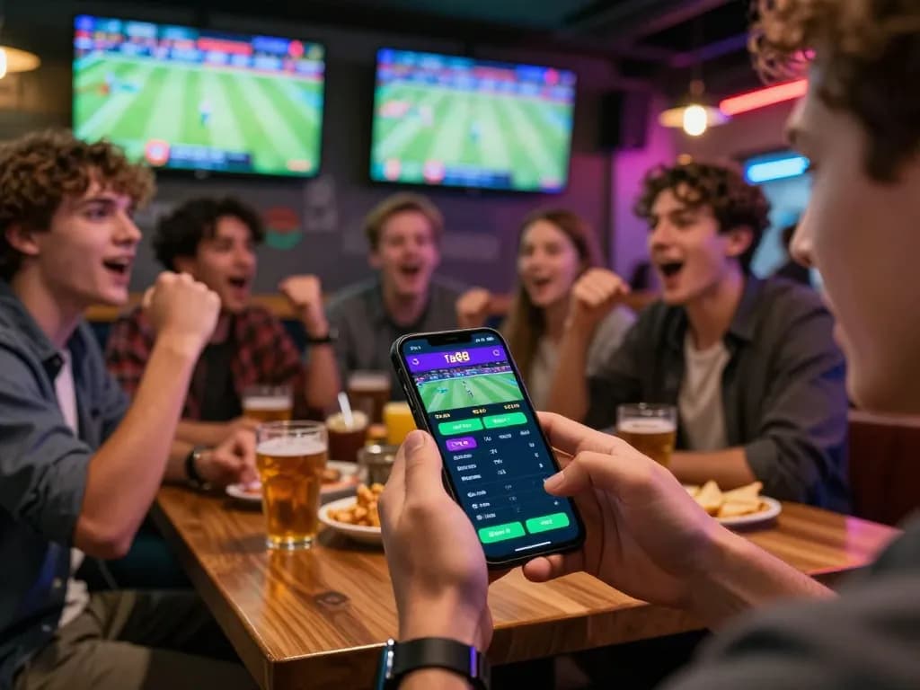 Engaged bettor using ta88 app during live sports action in a vibrant bar scene