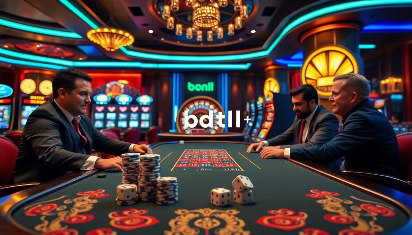 Join the excitement with the bdtk1 app in a luxurious casino setting featuring poker and roulette.