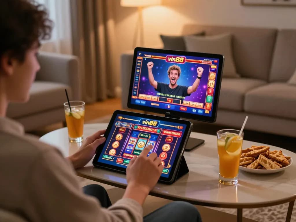 Player enjoying a winning moment with vin88 slots on a tablet in a cozy home setting.