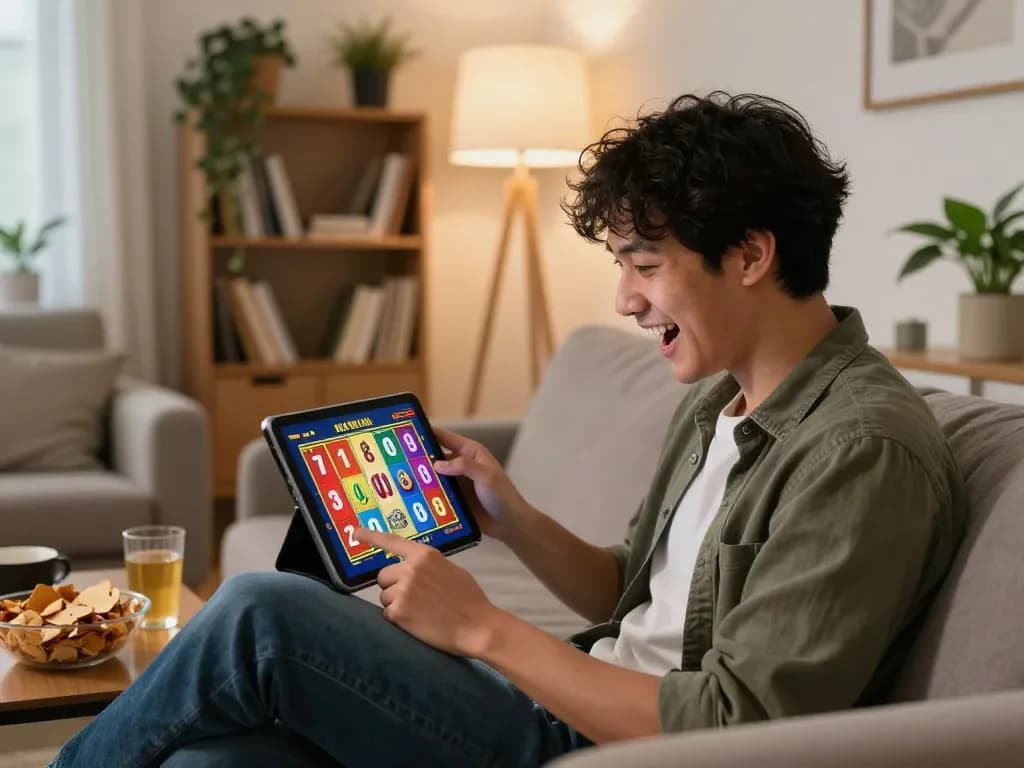 Excited player enjoying game nổ hũ online on a tablet in a cozy living room.