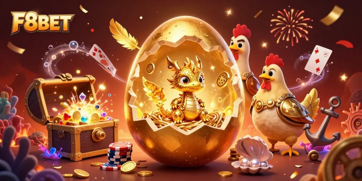 Launch winning strategies with F8BET's vibrant gaming experience featuring a golden dragon and poker chips.