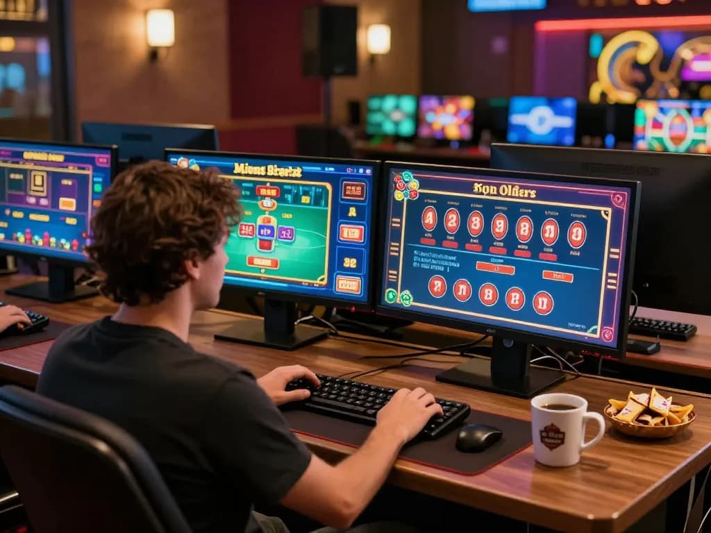 Engaged user playing lv88 at a modern online casino with multiple screens, showing vibrant game interfaces.