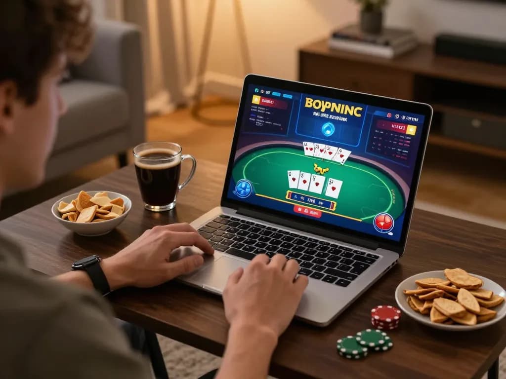 Play poker online with DEBET in a cozy home setup, showcasing a player focused on gameplay.