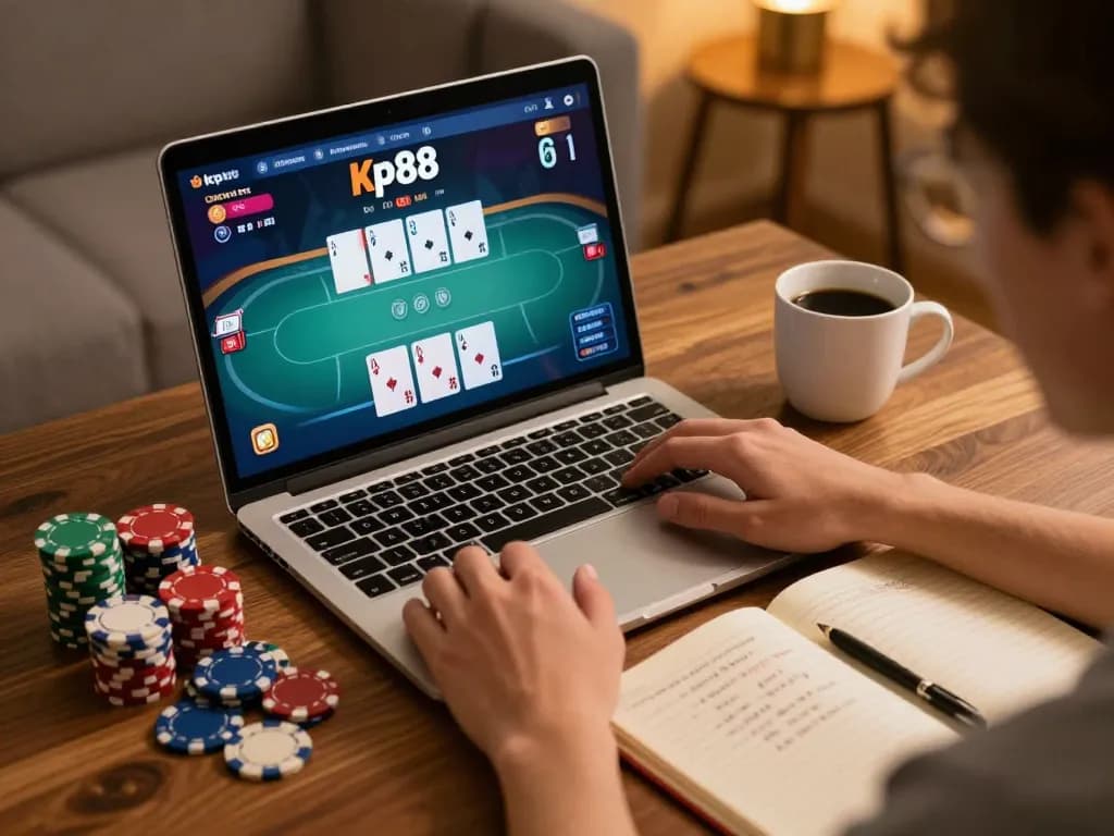 Engaging laptop poker scene illustrating kp88 bet strategies with chips, notes, and cozy home setting.