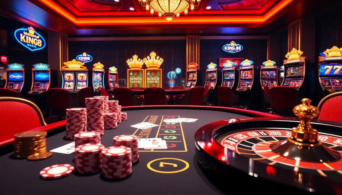 Experience the thrill of betting at King88's online casino, showcasing vibrant gaming tables and interactive elements.