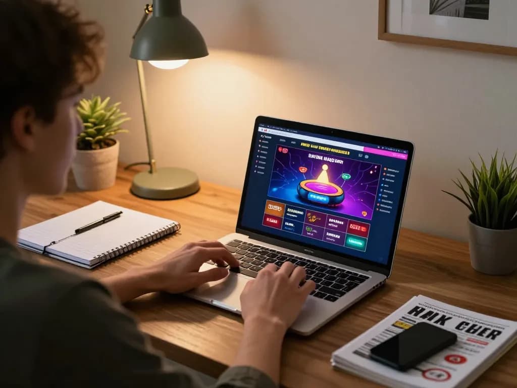 Person engaging in online gambling with go8 đăng nhập strategy notes and laptop.