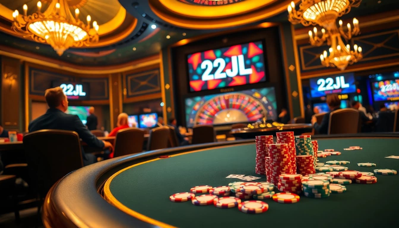 Experience high-stakes gaming with 22JL at an opulent casino table filled with chips and cards.