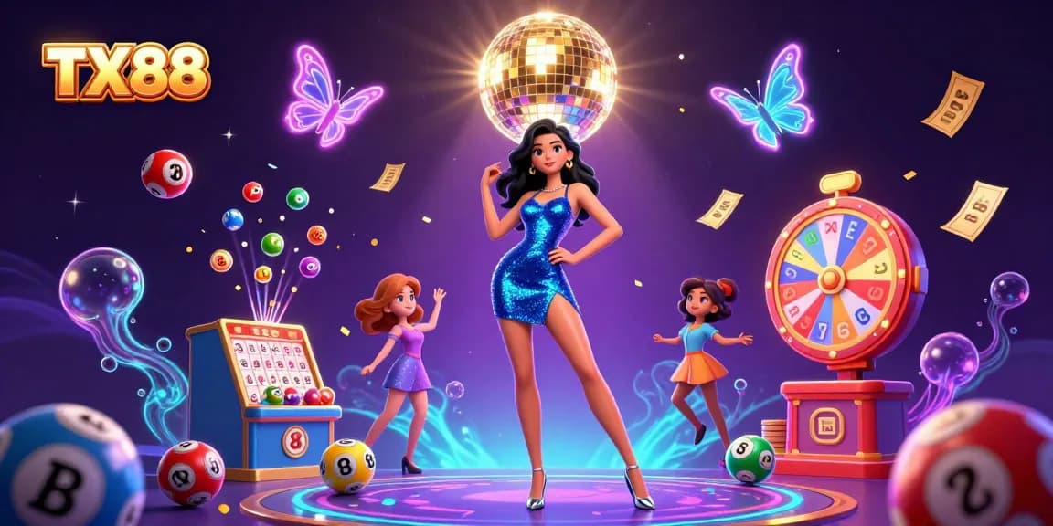Experience the excitement of TX88 with a vibrant casino scene featuring dazzling lights, a glamorous dancer, and dynamic lottery elements.