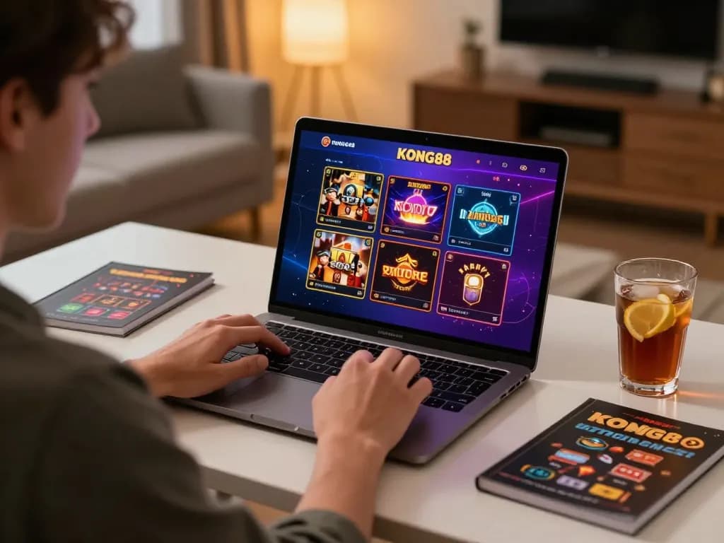 KONG88 user engaging in online casino gaming strategy with laptop in a cozy setting.