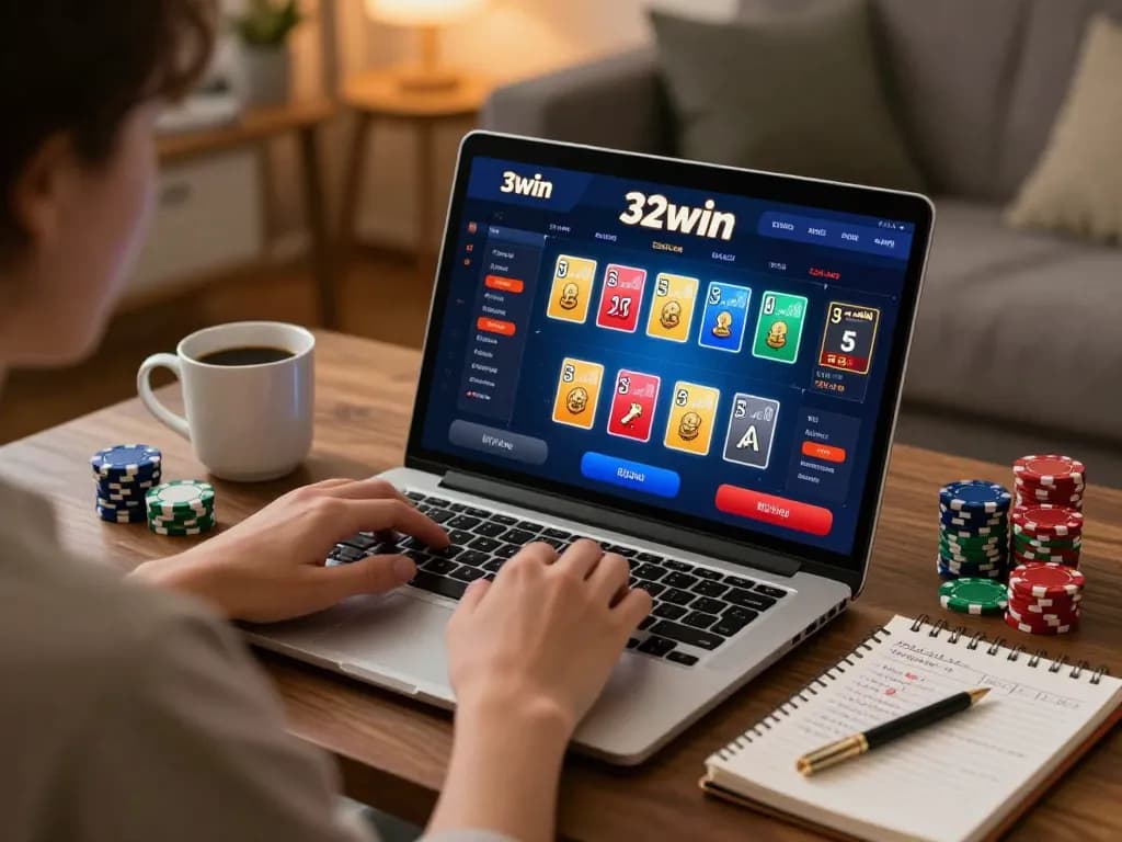 Engaging with 32win online casino app at home, showcasing thrilling card games on screen.