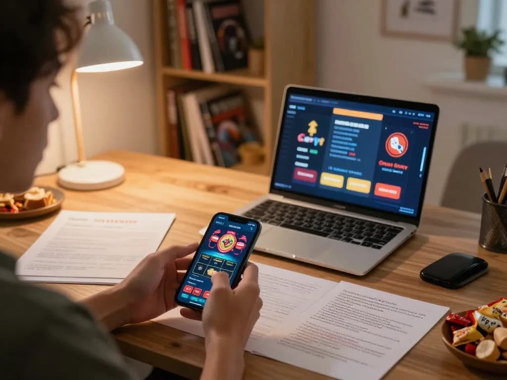 Tài Xỉu player engaging with mobile casino app and strategy notes in cozy home office.