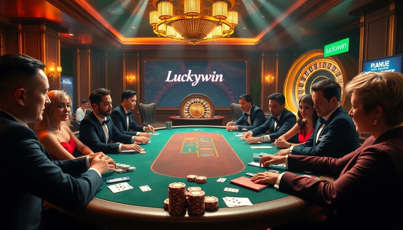 Players enjoying a thrilling game at Luckywin's luxurious poker table, showcasing excitement and high stakes.