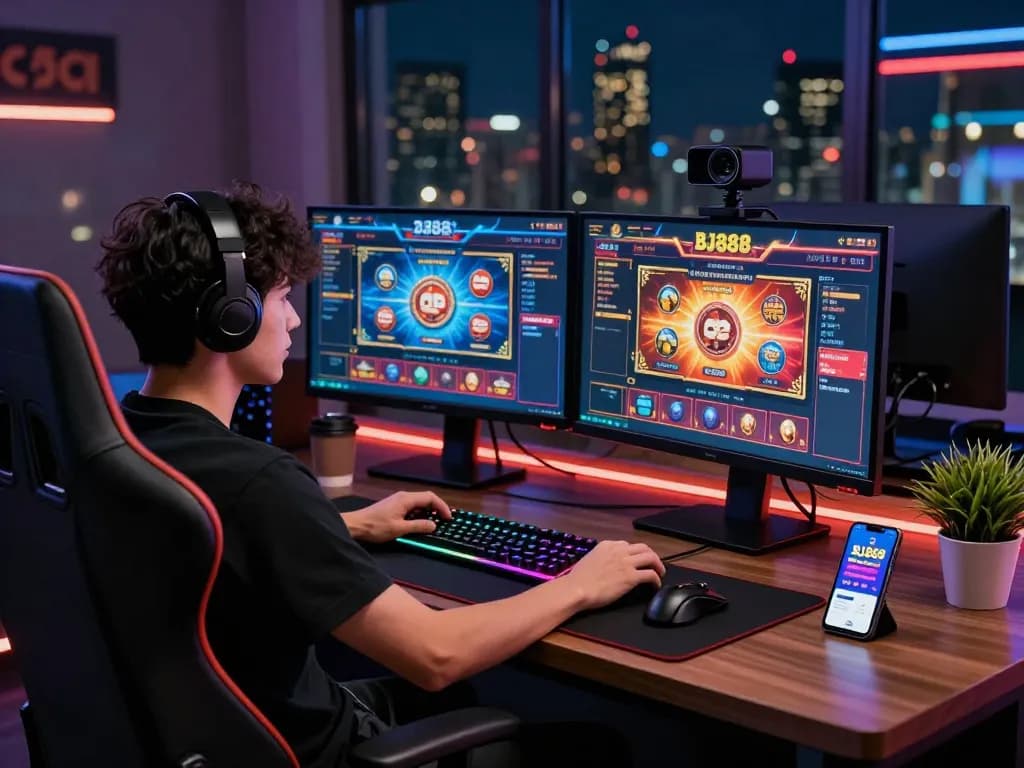 Engaging gamer using the BJ888 app amidst vibrant online casino games in a modern setup.