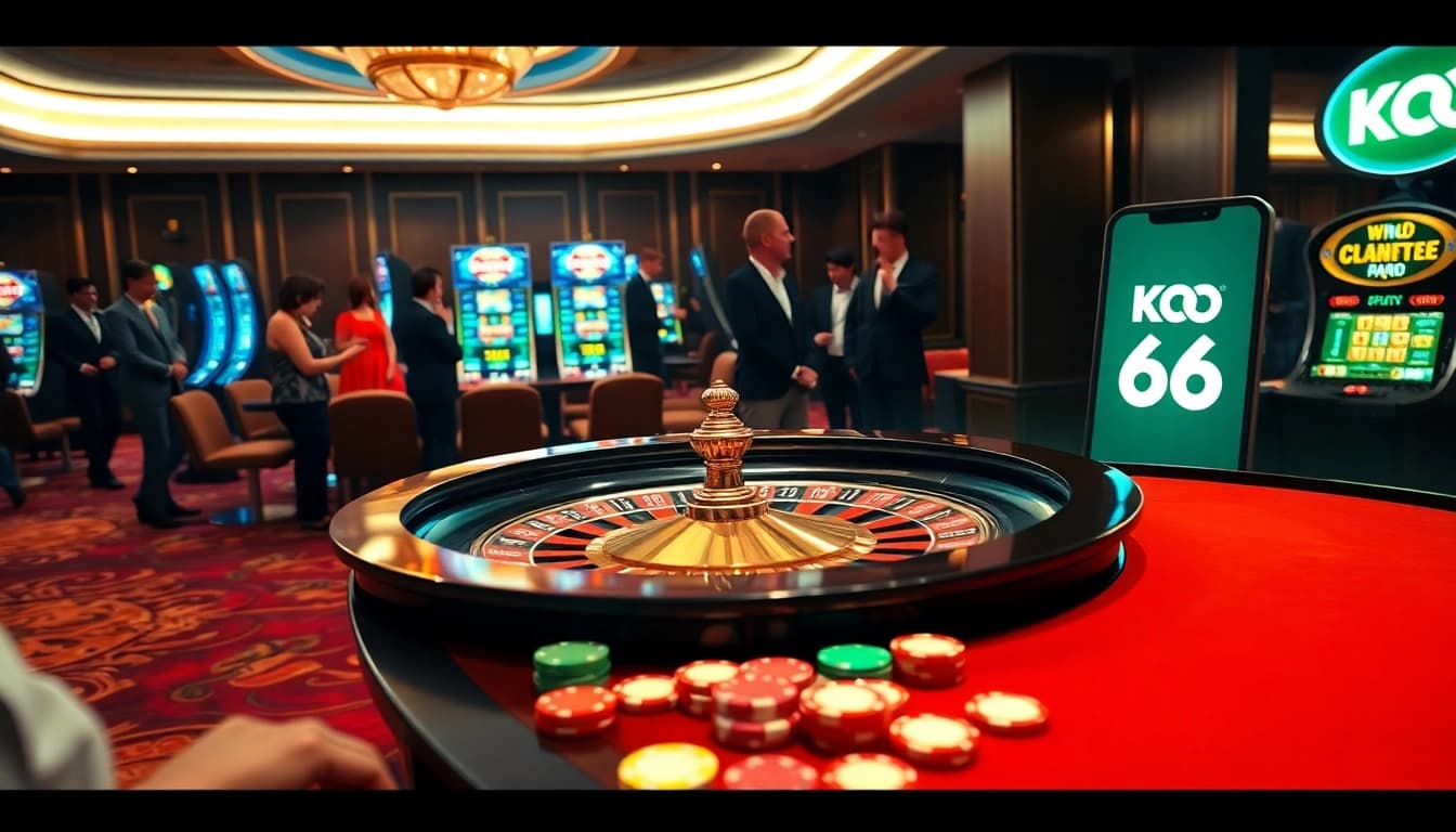 Trải nghiệm sự hấp dẫn tại casino hàng đầu của KO66 với roulette, chip đầy màu sắc và những người cá cược háo hức.