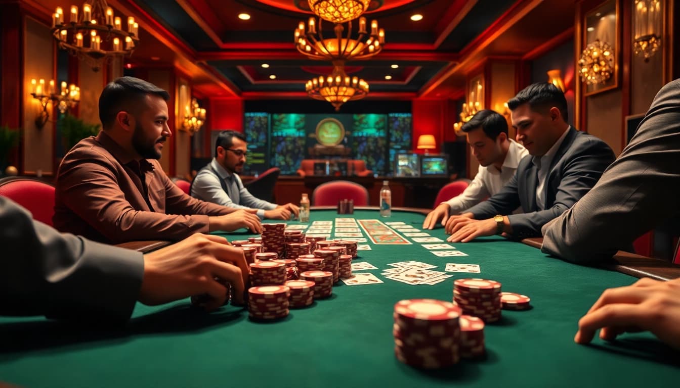 Experience high-stakes gaming action at https://debet66.com/ with players at an elegant poker table.