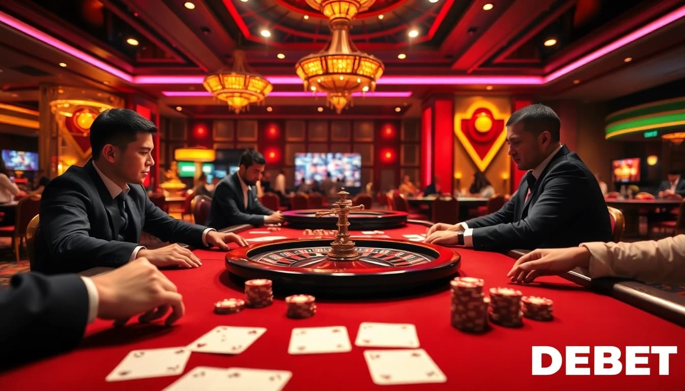 Engaging scene showcasing Trang Chủ DEBET with professional poker players, vibrant colors, and casino ambiance.