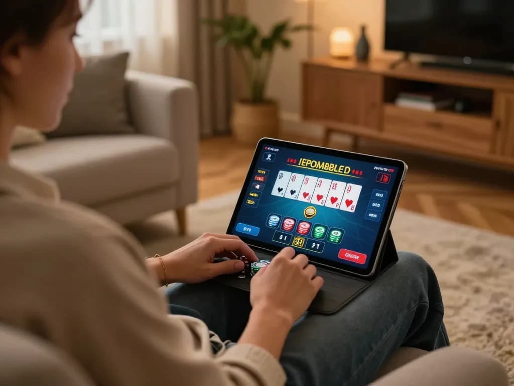 VT88 player enjoys online poker game on tablet with warm living room ambiance