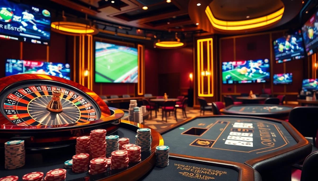 Xem bóng đá trực tiếp on an immersive casino screen with vibrant poker chips and a roulette table backdrop.
