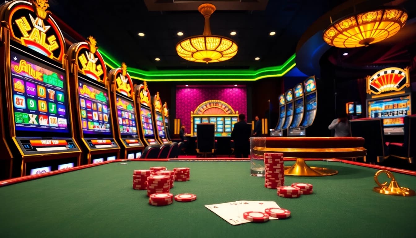 Spin the vibrant nổ hũ xn88 slot machines in a luxurious casino setting, filled with excitement and chances to win.