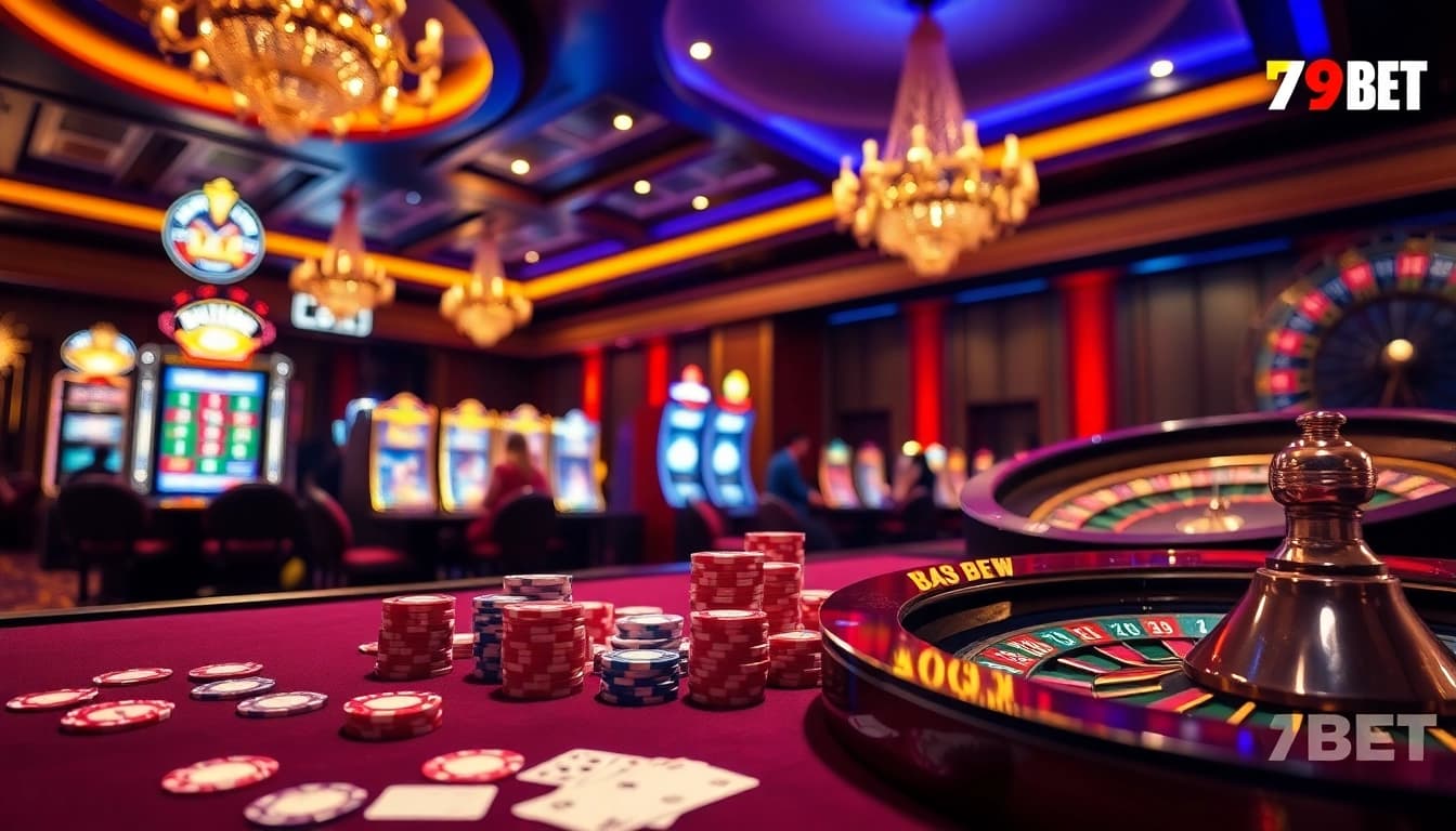 Experience the excitement of gambling at 789BET with vibrant poker chips and lively casino games.