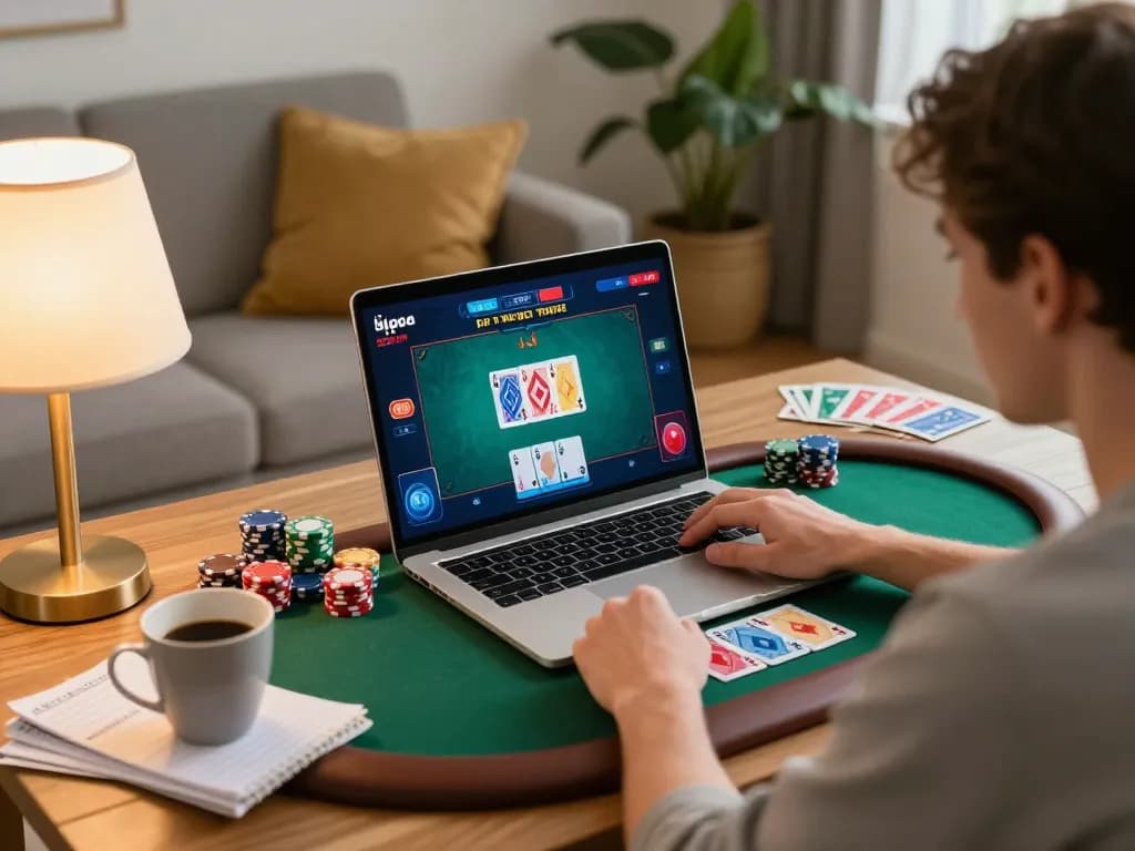 Playing top game bài đổi thưởng on a laptop in a cozy home setting with poker game interface visible