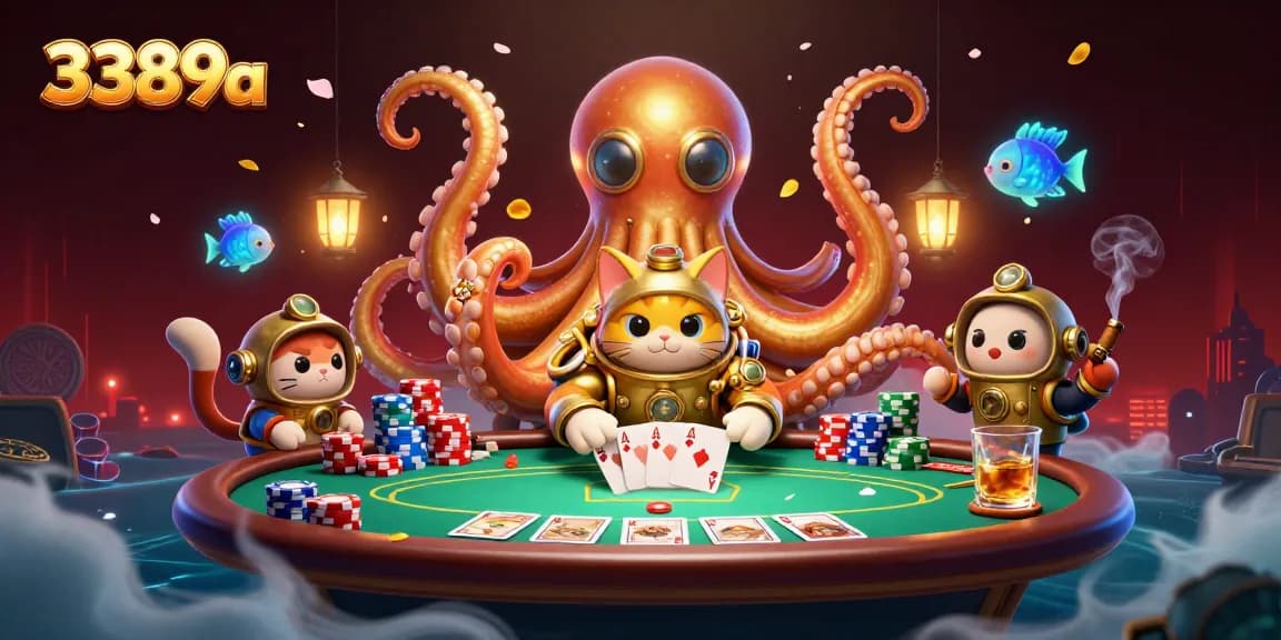 Experience epic wins with 3389a's vibrant casino adventure featuring a kraken and poker elements.