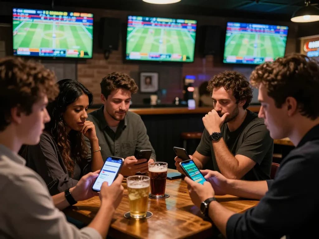 Excited patrons at a sports bar using trang cá cược bóng đá app to place bets while watching live games.