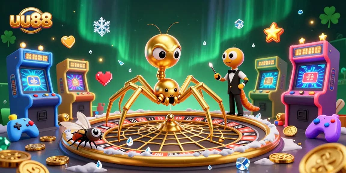 Engage in thrilling gameplay at uu88 with a golden spider and centipede croupier in a vibrant casino scene.