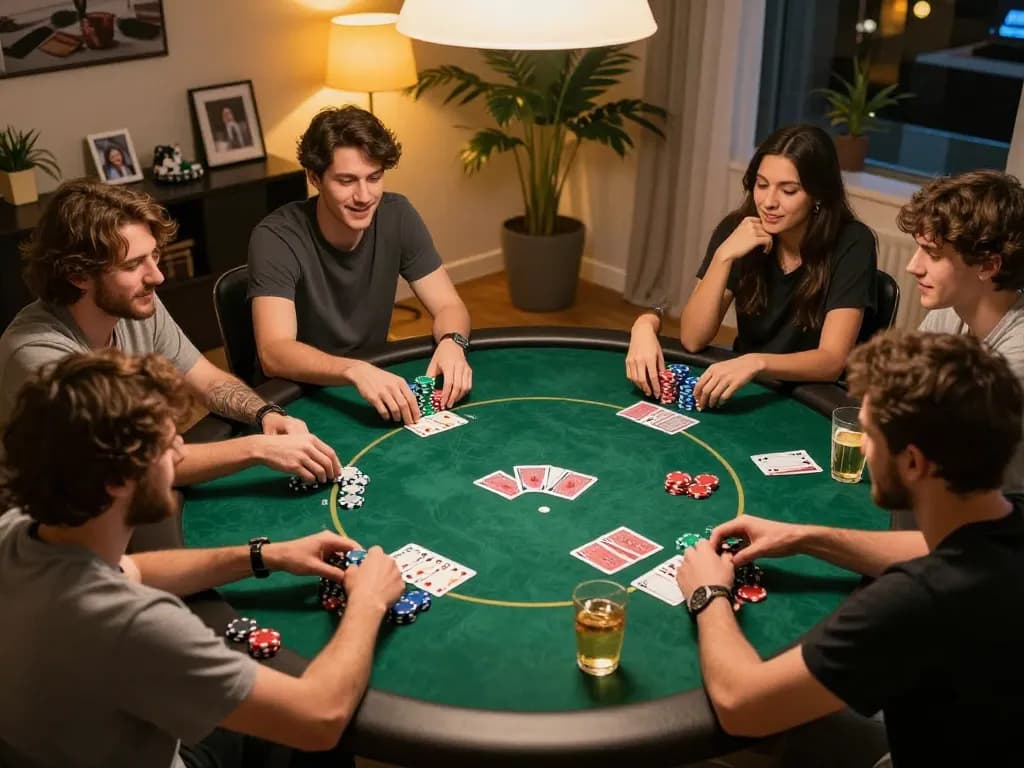 TOPBET players enjoying an exciting home poker game with colorful chips and cards