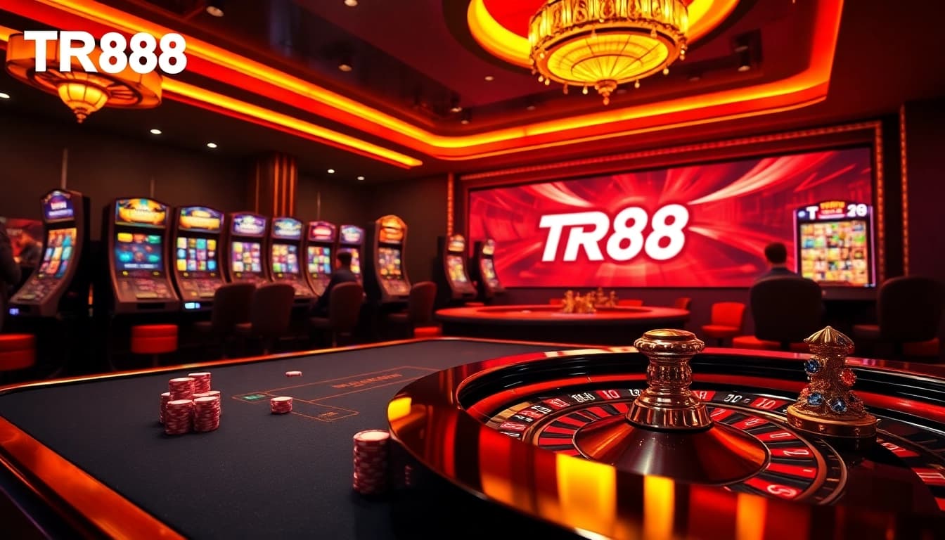 Players excitedly engage in games at TR88 casino, showcasing vibrant poker chips and roulette wheel.