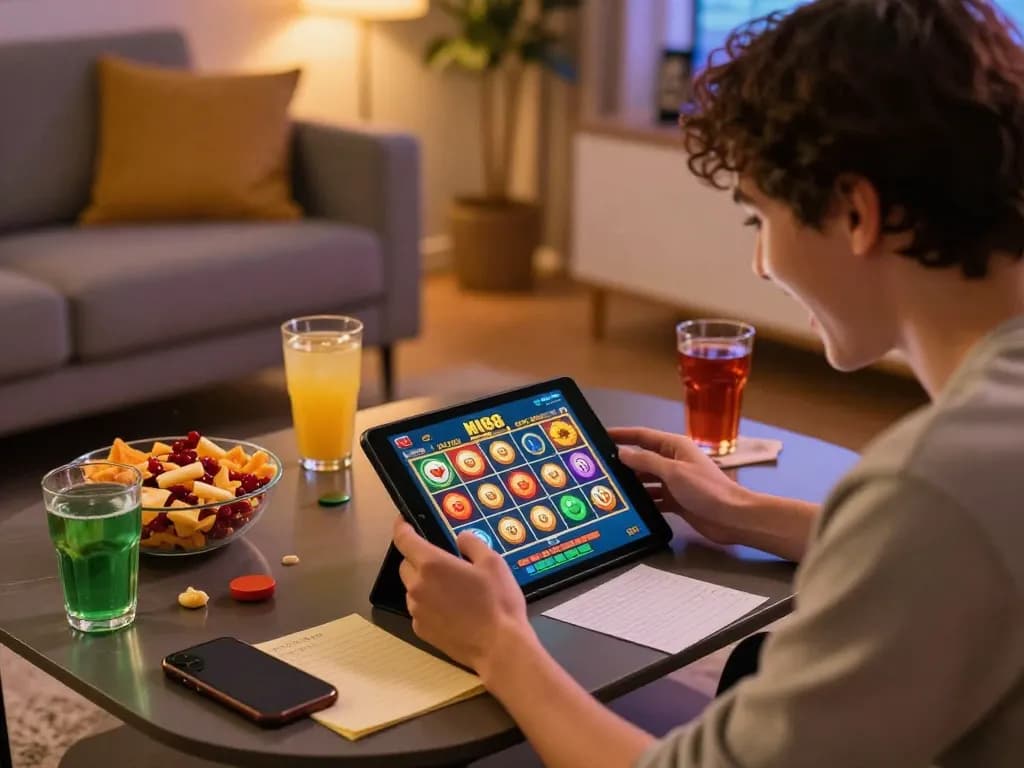 Player enjoying MI88 SLOT experience at home with vibrant snacks and joyful atmosphere