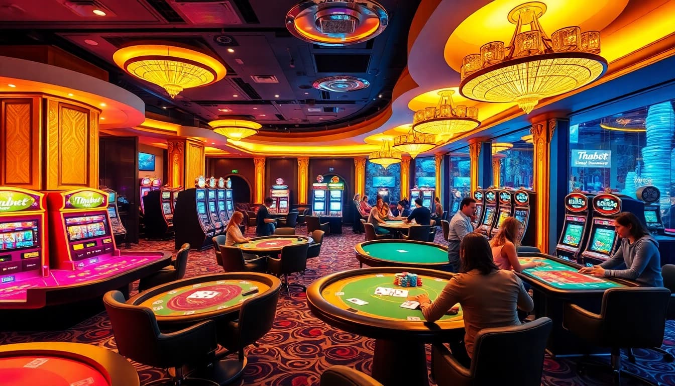 Thabet players engaging in thrilling casino games with vibrant poker chips and exciting slot machines.