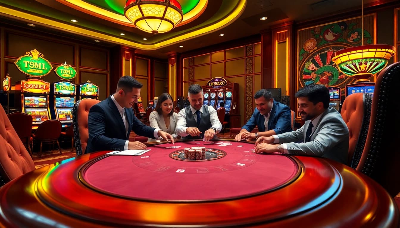 The thrill of poker at 98Win: players strategizing around a luxurious casino table.