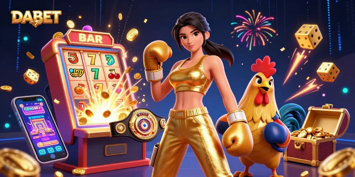 DABET jackpot excitement featuring an athlete and a boxing rooster amidst vibrant casino games and colorful elements.