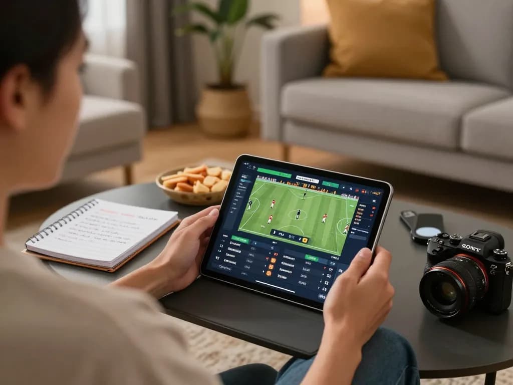 Engaging in sports betting on TIP88 app from a cozy home setting with strategy notes.