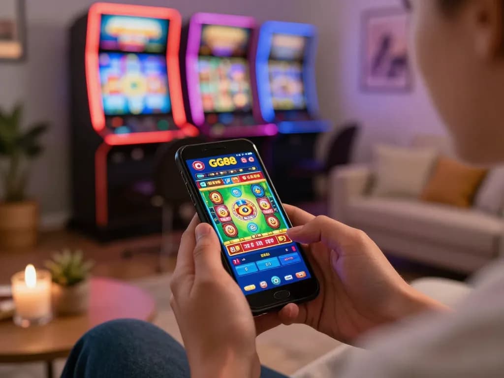 Playing exciting GG88 games on a smartphone in a cozy home environment.